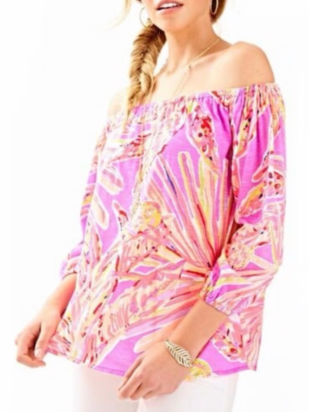 Lilly Pulitzer Pink Purple Tropical Off-Shoulder Top